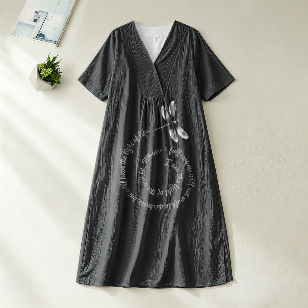 Robe midi à manches courtes et col en V, coupe décontractée, motif libellule et verset inspirant , Christianartworkshop - Noir - 4XL - image 2