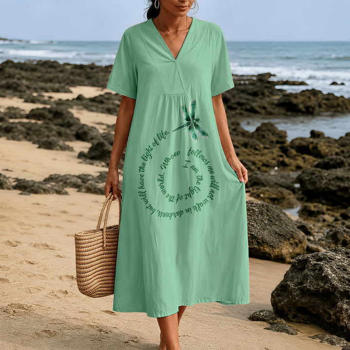 Robe midi à manches courtes et col en V, coupe décontractée, motif libellule et verset inspirant , Christianartworkshop - image 5