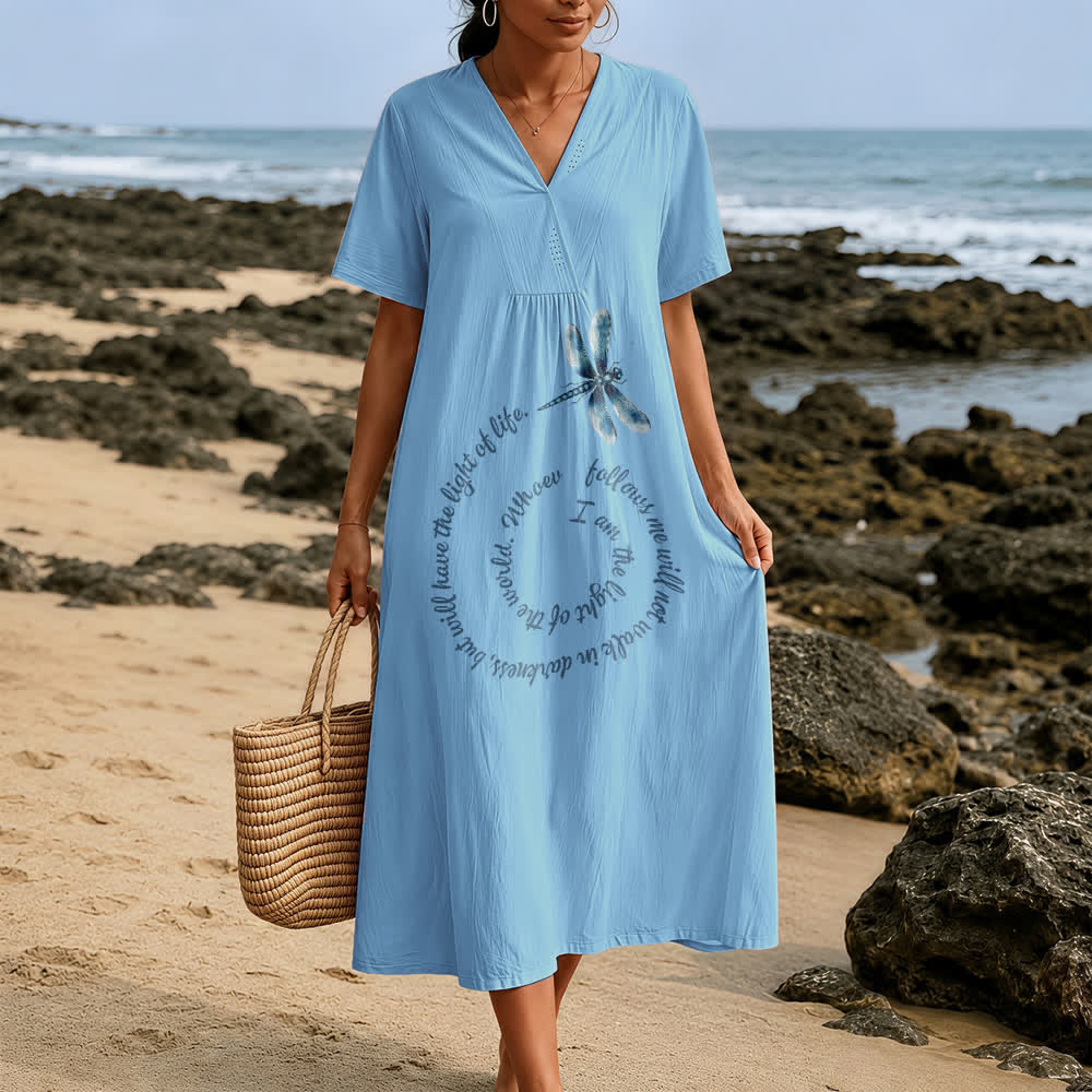 Robe midi à manches courtes et col en V, coupe décontractée, motif libellule et verset inspirant , Christianartworkshop - image 1