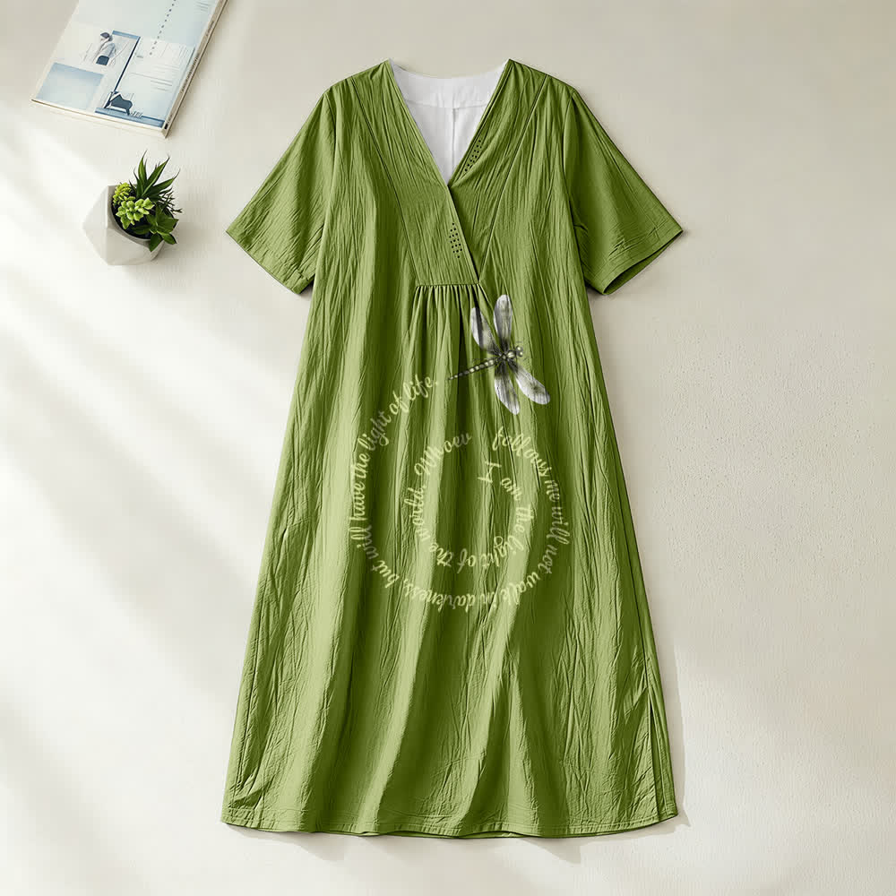 Robe midi à manches courtes et col en V, coupe décontractée, motif libellule et verset inspirant , Christianartworkshop - Vert olive - 4XL - image 10
