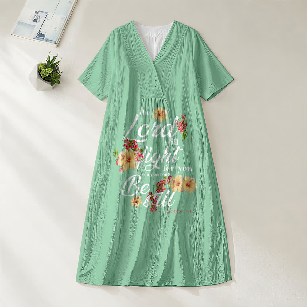 Robe midi à manches courtes et col en V, ornée d'hibiscus et de fleurs, portant l'inscription « Le Seigneur combattra pour toi », Christianartworkshop - Vert - 4XL - image 6