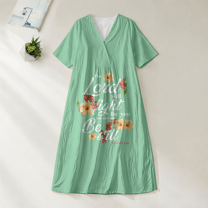 Robe midi à manches courtes et col en V, ornée d'hibiscus et de fleurs, portant l'inscription « Le Seigneur combattra pour toi », Christianartworkshop - Vert - 4XL - image 6