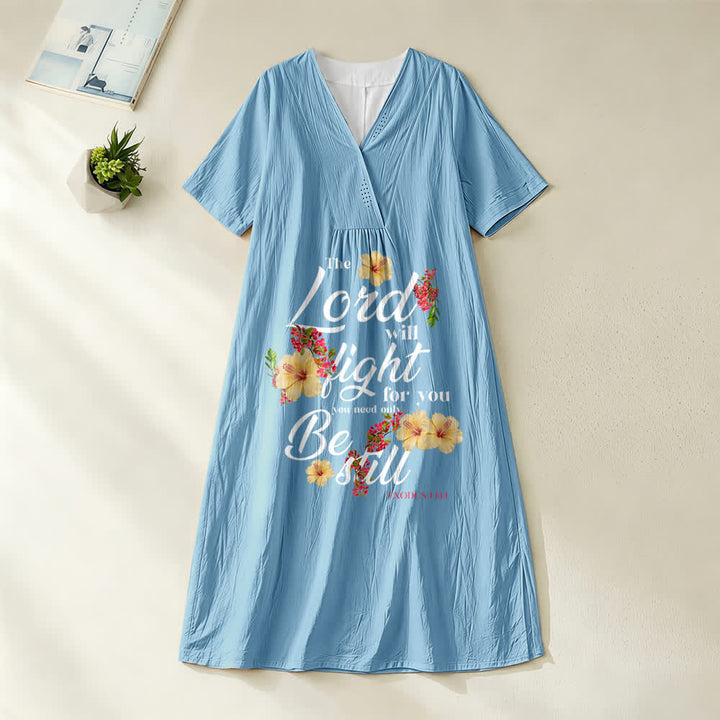 Robe midi à manches courtes et col en V, ornée d'hibiscus et de fleurs, portant l'inscription « Le Seigneur combattra pour toi », Christianartworkshop - Bleu - 4XL - image 2