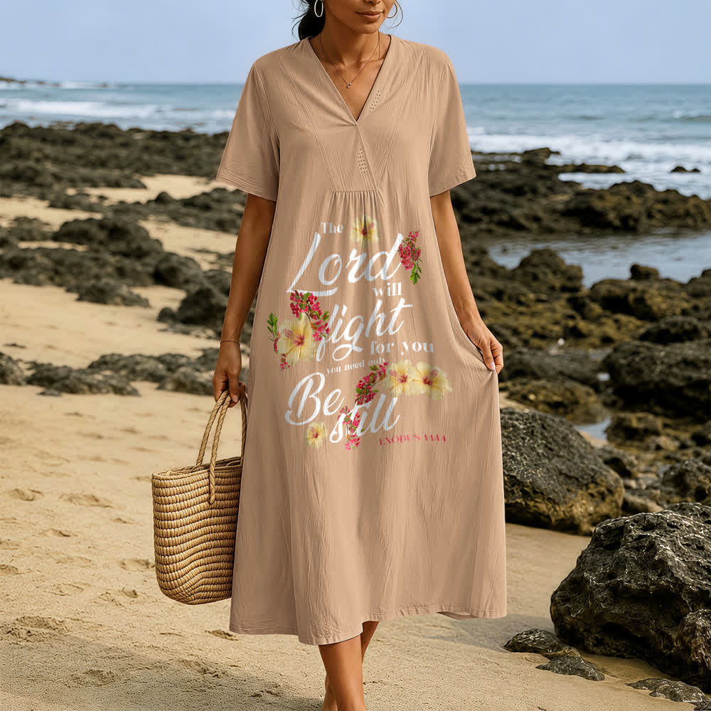 Robe midi à manches courtes et col en V, ornée d'hibiscus et de fleurs, portant l'inscription « Le Seigneur combattra pour toi », Christianartworkshop - image 9