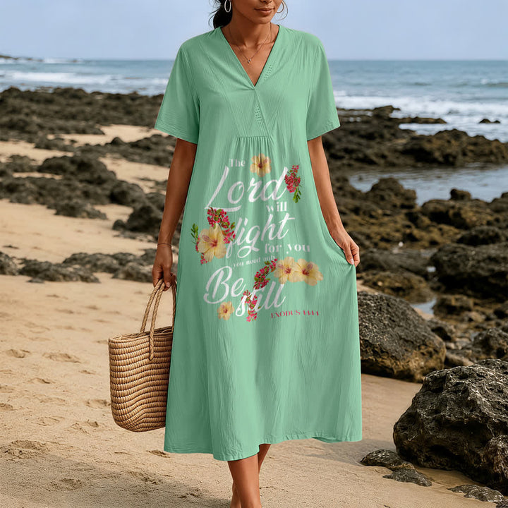Robe midi à manches courtes et col en V, ornée d'hibiscus et de fleurs, portant l'inscription « Le Seigneur combattra pour toi », Christianartworkshop - image 7