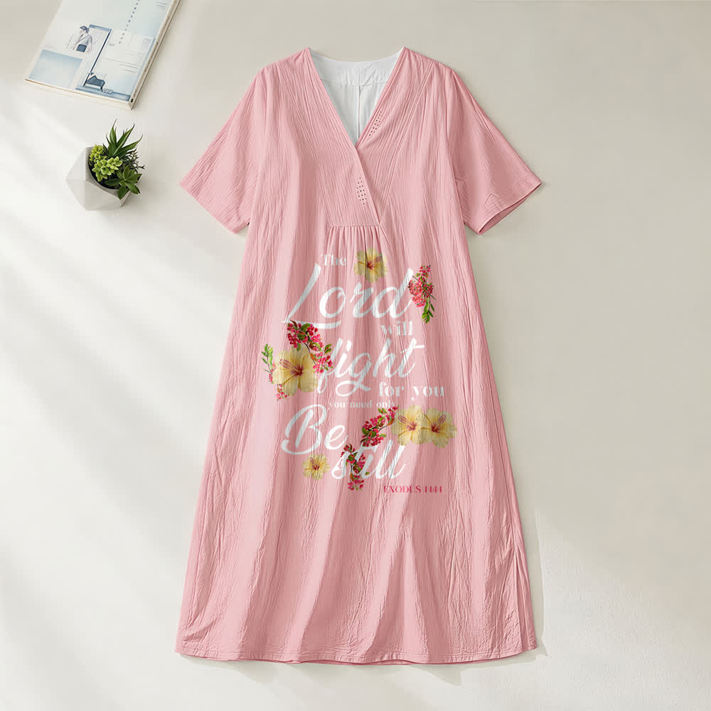 Robe midi à manches courtes et col en V, ornée d'hibiscus et de fleurs, portant l'inscription « Le Seigneur combattra pour toi », Christianartworkshop - Rose - 4XL - image 0