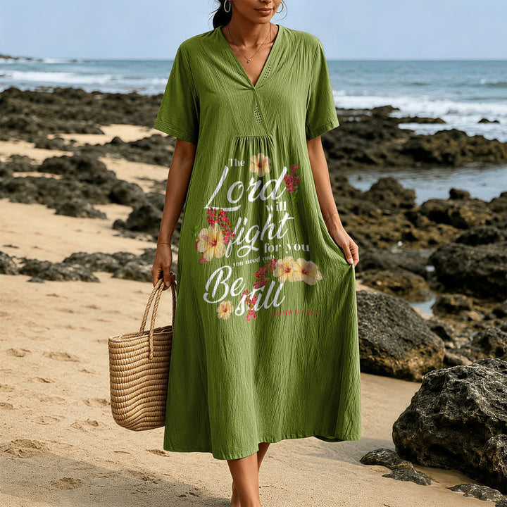 Robe midi à manches courtes et col en V, ornée d'hibiscus et de fleurs, portant l'inscription « Le Seigneur combattra pour toi », Christianartworkshop - image 11