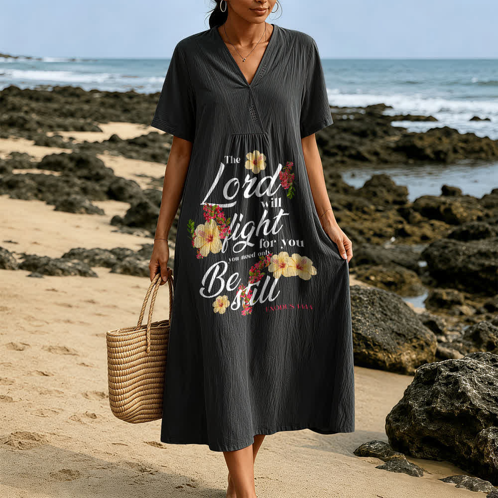Robe midi à manches courtes et col en V, ornée d'hibiscus et de fleurs, portant l'inscription « Le Seigneur combattra pour toi », Christianartworkshop - image 5