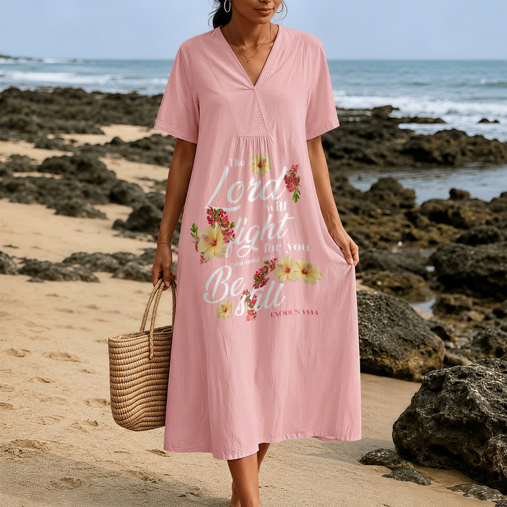 Robe midi à manches courtes et col en V, ornée d'hibiscus et de fleurs, portant l'inscription « Le Seigneur combattra pour toi », Christianartworkshop - image 1