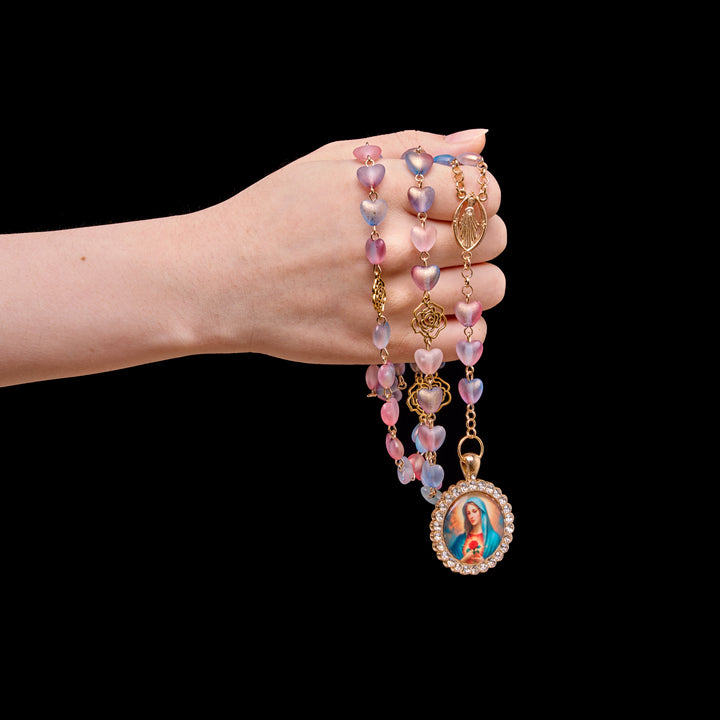 Christianartworkshop Chapelet des Sept Douleurs en perles de verre dépoli dégradées en forme de cœur avec pendentif à l'effigie de la Vierge Marie - image 2