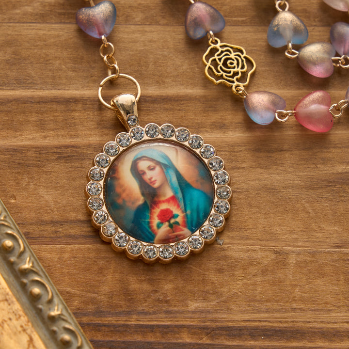 Christianartworkshop Chapelet des Sept Douleurs en perles de verre dépoli dégradées en forme de cœur avec pendentif à l'effigie de la Vierge Marie - image 5