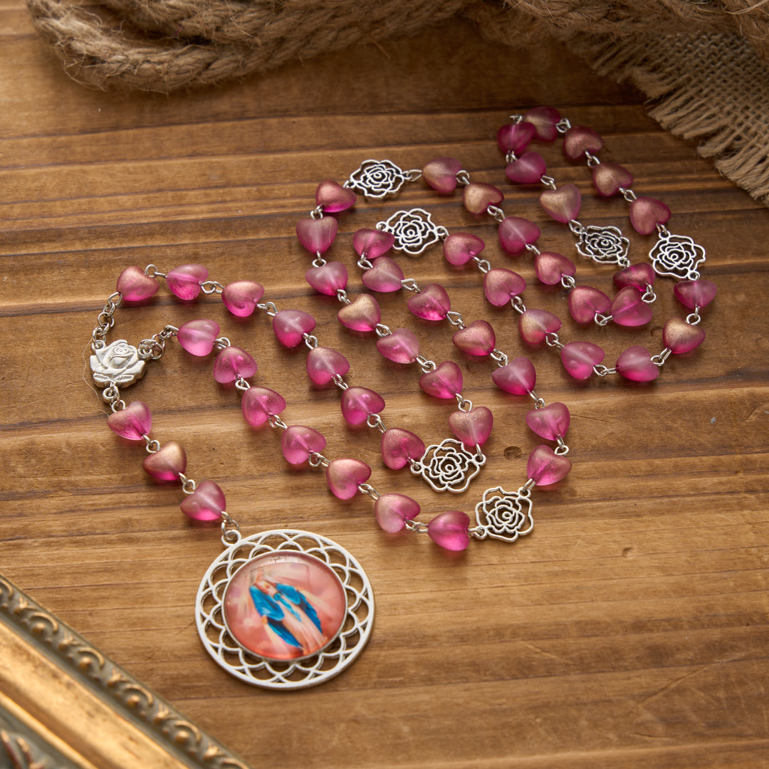 Christianartworkshop Chapelet des Sept Douleurs en perles de verre dépoli dégradées en forme de cœur avec pendentif à l'effigie de la Vierge Marie - Violet - image 6