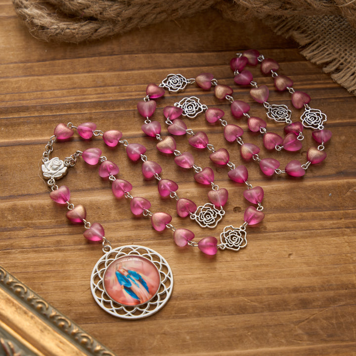 Christianartworkshop Chapelet des Sept Douleurs en perles de verre dépoli dégradées en forme de cœur avec pendentif à l'effigie de la Vierge Marie - Violet - image 6