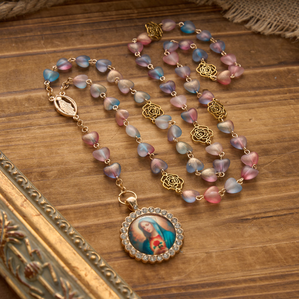 Christianartworkshop Chapelet des Sept Douleurs en perles de verre dépoli dégradées en forme de cœur avec pendentif à l'effigie de la Vierge Marie - Bleu - image 1