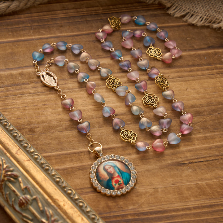 Christianartworkshop Chapelet des Sept Douleurs en perles de verre dépoli dégradées en forme de cœur avec pendentif à l'effigie de la Vierge Marie - Bleu - image 1