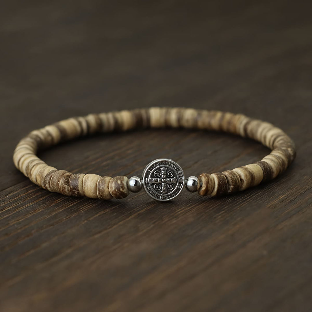 Christianartworkshop Bracelet extensible en perles de pierre naturelle avec entretoises ornées de médailles de saint Benoît en relief : un symbole de protection divine - Bois - image 9