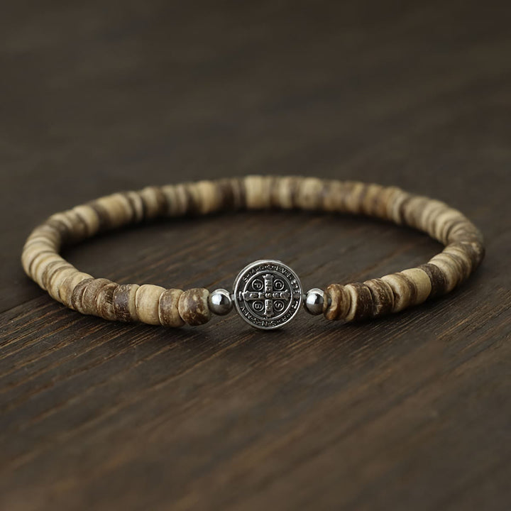 Christianartworkshop Bracelet extensible en perles de pierre naturelle avec entretoises ornées de médailles de saint Benoît en relief : un symbole de protection divine - Bois - image 9