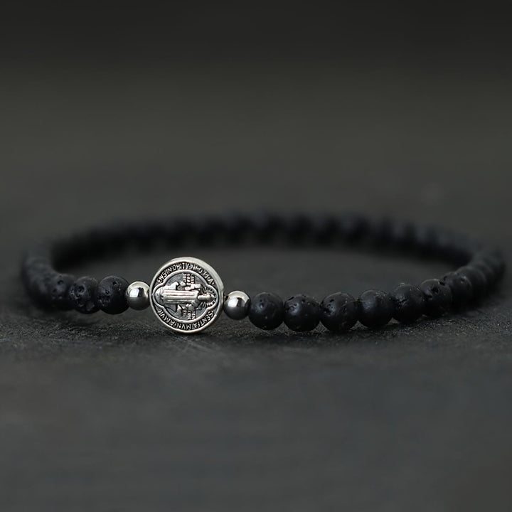 Christianartworkshop Bracelet extensible en perles de pierre naturelle avec entretoises ornées de médailles de saint Benoît en relief : un symbole de protection divine - Pierre volcanique - image 7