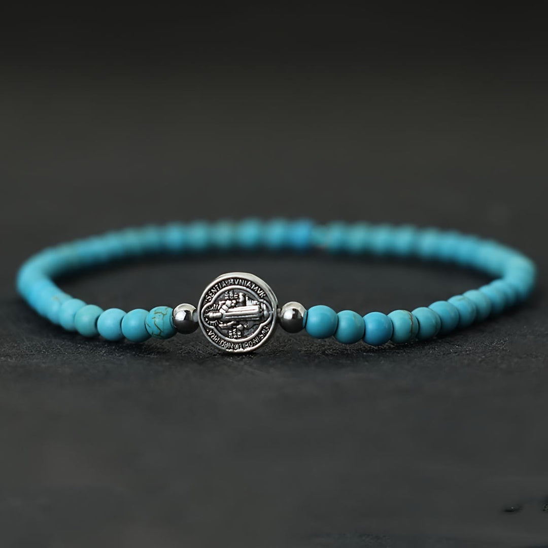 Christianartworkshop Bracelet extensible en perles de pierre naturelle avec entretoises ornées de médailles de saint Benoît en relief : un symbole de protection divine - Turquoise - image 6