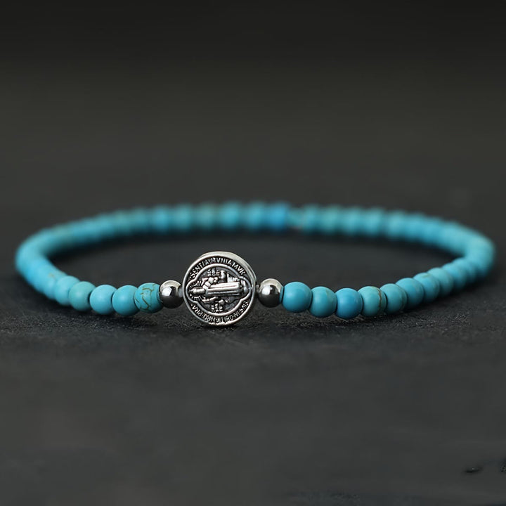 Christianartworkshop Bracelet extensible en perles de pierre naturelle avec entretoises ornées de médailles de saint Benoît en relief : un symbole de protection divine - Turquoise - image 6