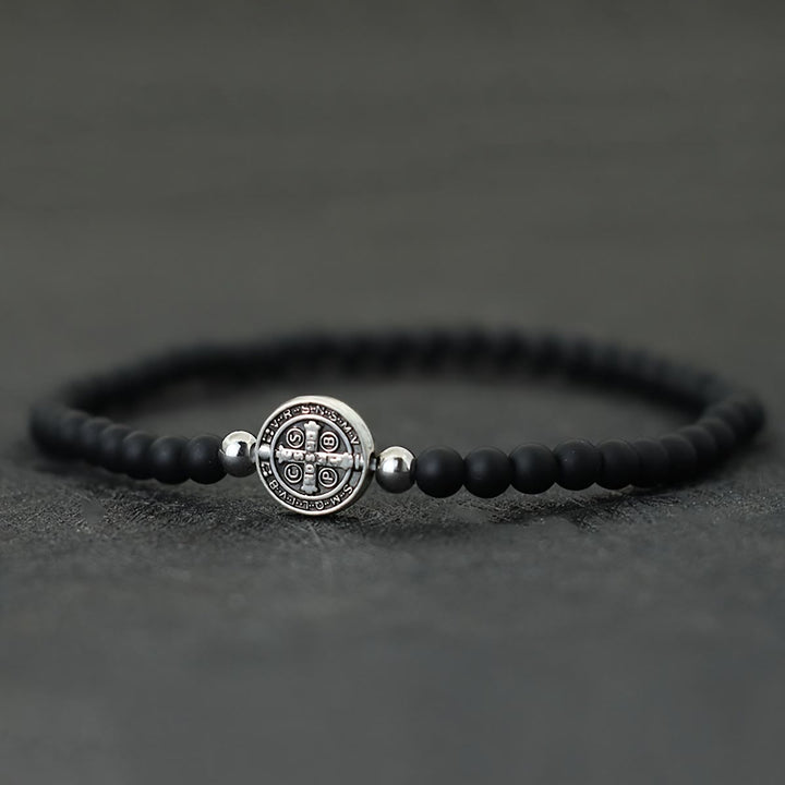 Christianartworkshop Bracelet extensible en perles de pierre naturelle avec entretoises ornées de médailles de saint Benoît en relief : un symbole de protection divine - Pierre mate - image 3