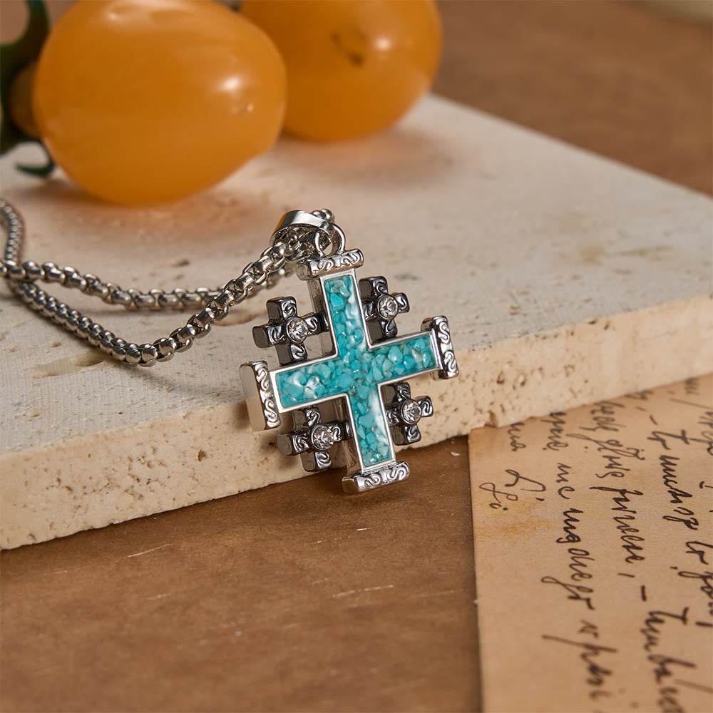 Christianartworkshop Collier pendentif croix de Jérusalem incrusté de turquoise broyée, chaîne maille forçat : symbole de foi absolue - image 3