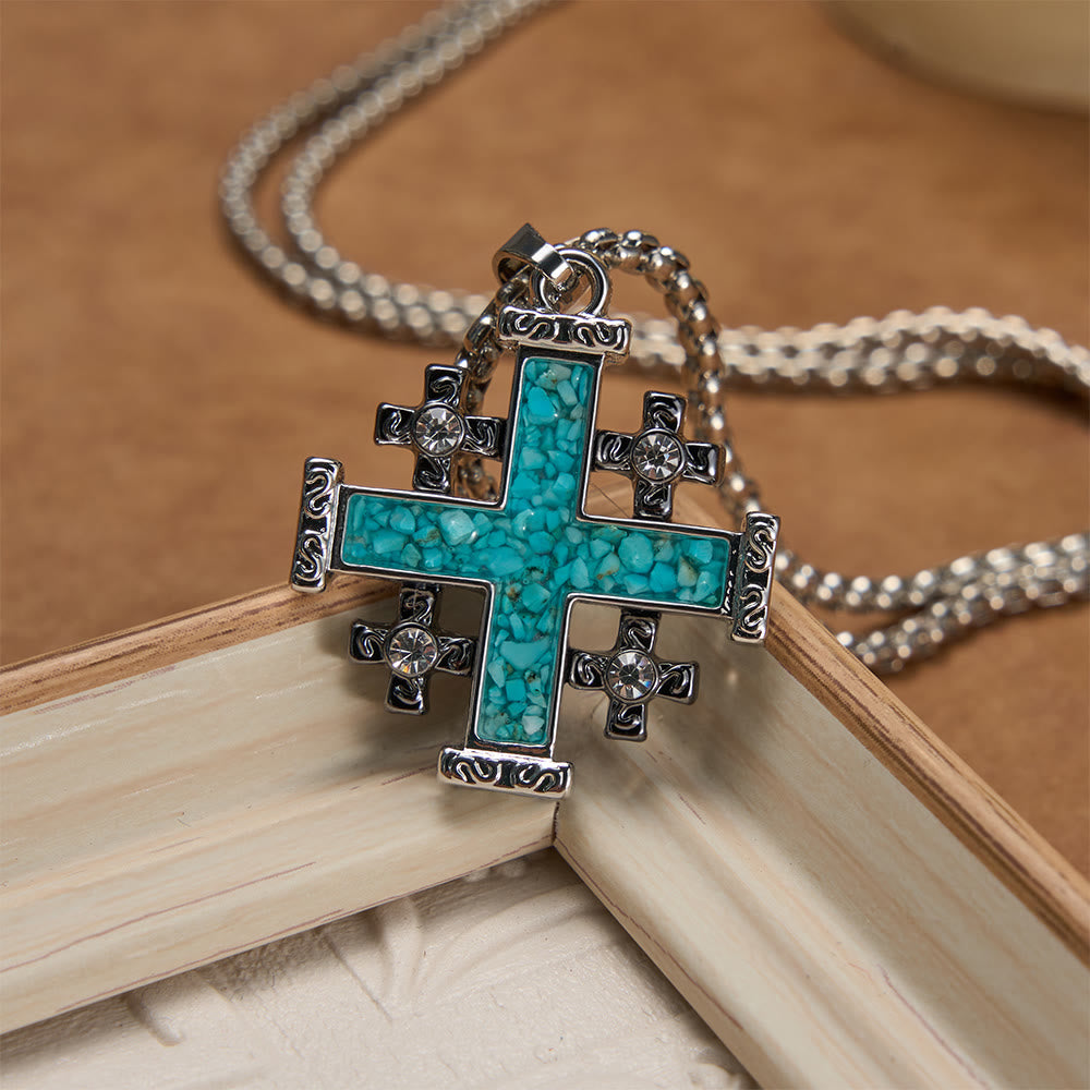 Christianartworkshop Collier pendentif croix de Jérusalem incrusté de turquoise broyée, chaîne maille forçat : symbole de foi absolue - image 1