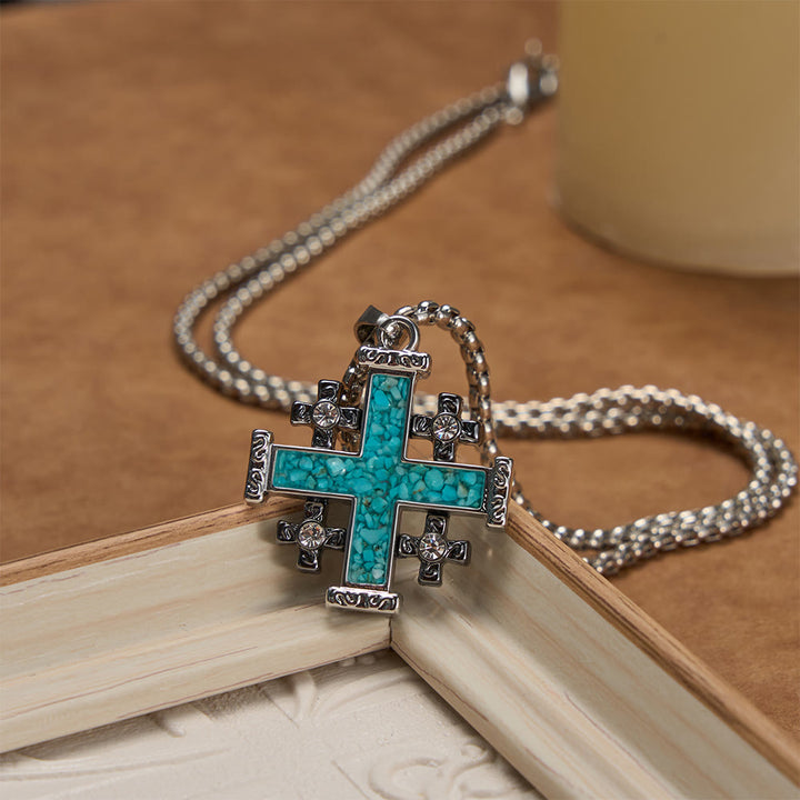 Christianartworkshop Collier pendentif croix de Jérusalem incrusté de turquoise broyée, chaîne maille forçat : symbole de foi absolue - image 2