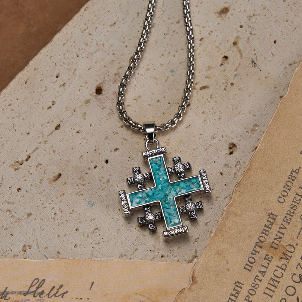 Christianartworkshop Collier pendentif croix de Jérusalem incrusté de turquoise broyée, chaîne maille forçat : symbole de foi absolue - image 4