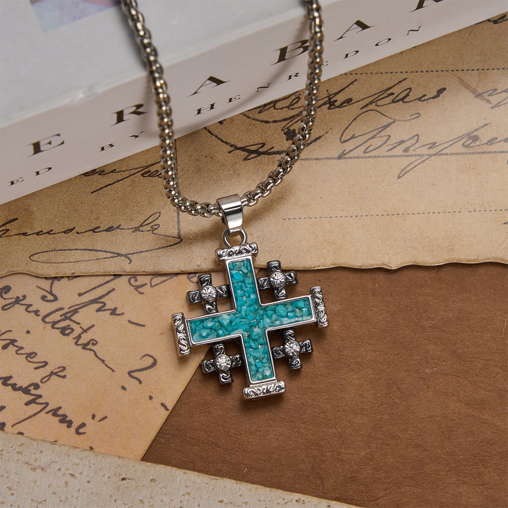 Christianartworkshop Collier pendentif croix de Jérusalem incrusté de turquoise broyée, chaîne maille forçat : symbole de foi absolue - image 0