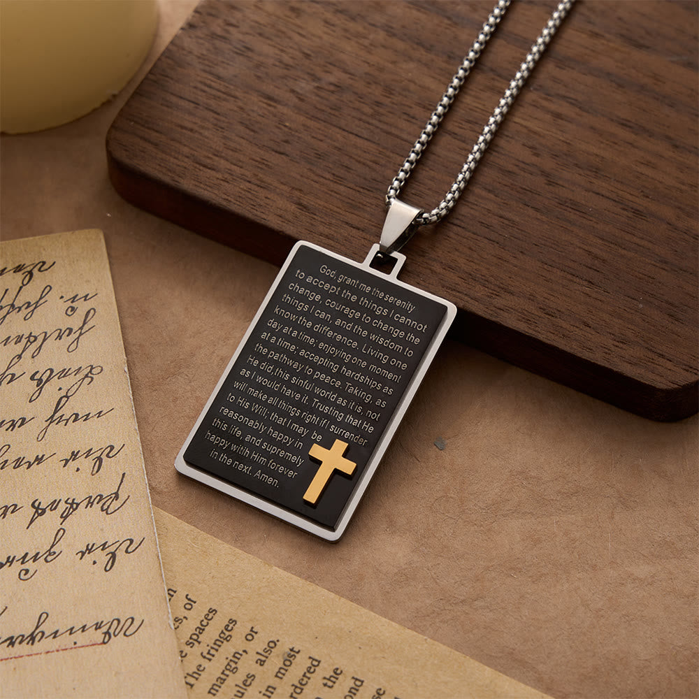 Christianartworkshop Collier bicolore rectangulaire gravé de la prière de la sérénité et orné d'une croix en relief dorée, avec pendentif croix gravée sur une plaque en relief. - Prière et Écriture - image 0