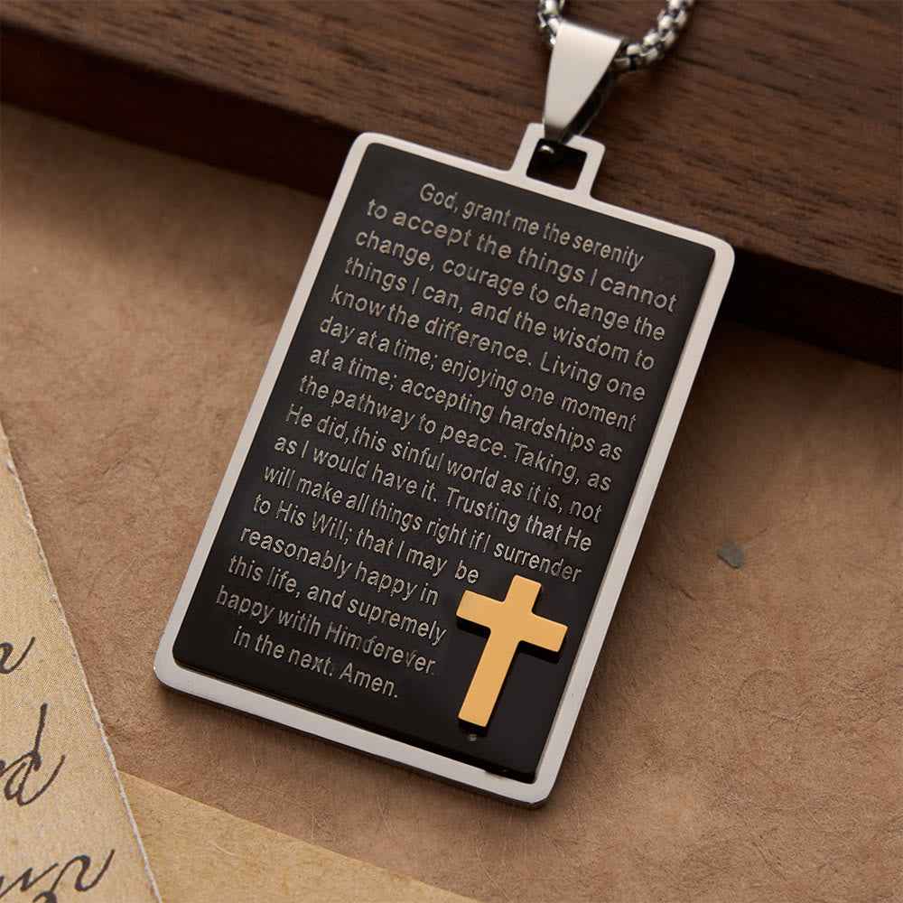 Christianartworkshop Collier bicolore rectangulaire gravé de la prière de la sérénité et orné d'une croix en relief dorée, avec pendentif croix gravée sur une plaque en relief. - image 1