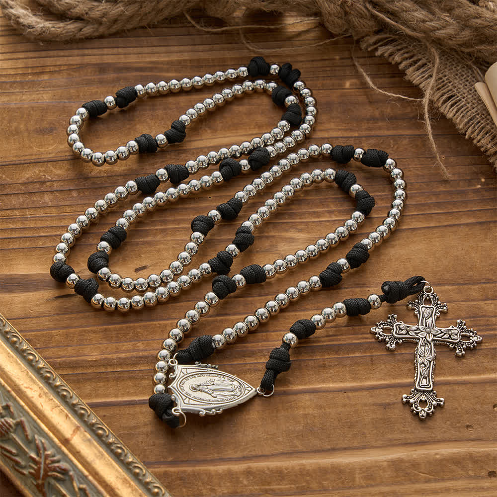 Christianartworkshop Chapelet robuste en paracorde argentée à 15 dizaines : Emportez la grâce de Notre-Dame partout où vous allez - Notre-Dame et le Crucifix - image 0