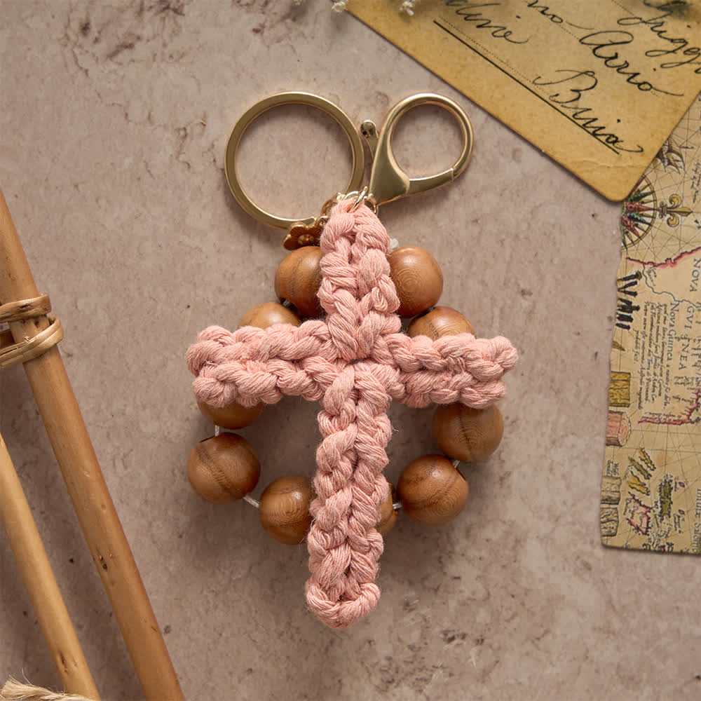 Chapelet et porte-clés en perles de bois de santal avec croix multicolore faite au crochet, Christianartworkshop - image 1