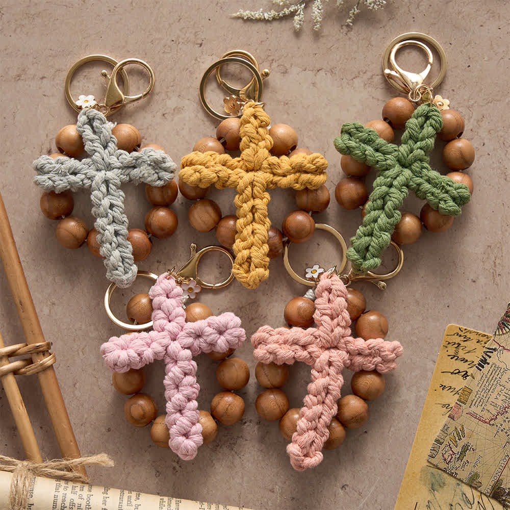 Chapelet et porte-clés en perles de bois de santal avec croix multicolore faite au crochet, Christianartworkshop - image 0
