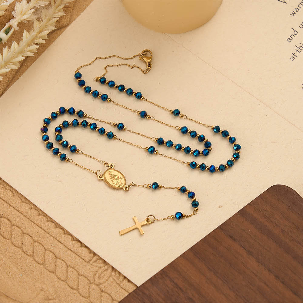 Christianartworkshop Chapelet minimaliste Notre-Dame en cristal facetté et perles d'imitation, avec pendentif croix plate - Bleu - image 0