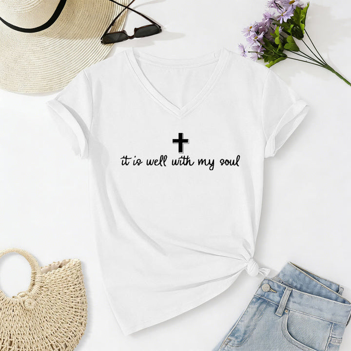Christianartworkshop T-shirt décontracté à col en V avec inscription en croix « Tout va bien pour mon âme » - Blanc - 2XL - image 14