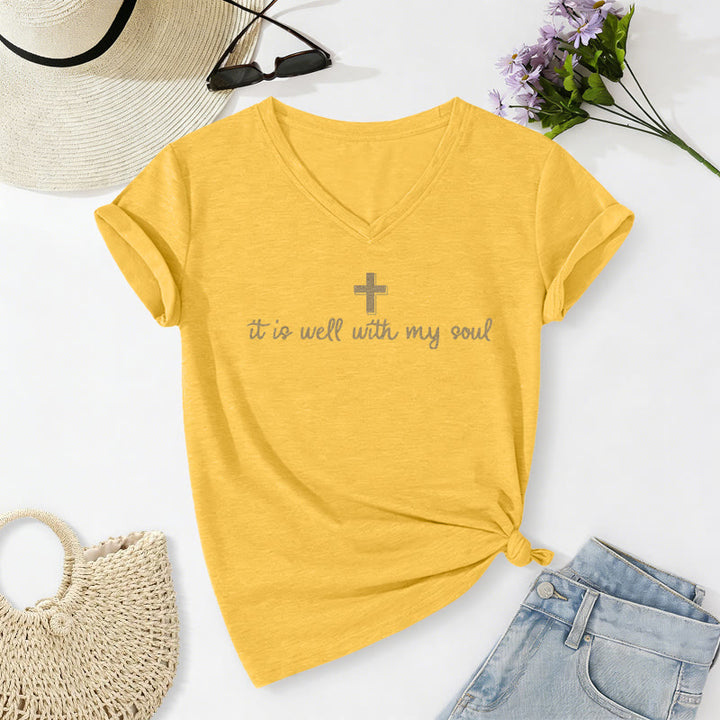 Christianartworkshop T-shirt décontracté à col en V avec inscription en croix « Tout va bien pour mon âme » - Jaune - 2XL - image 10