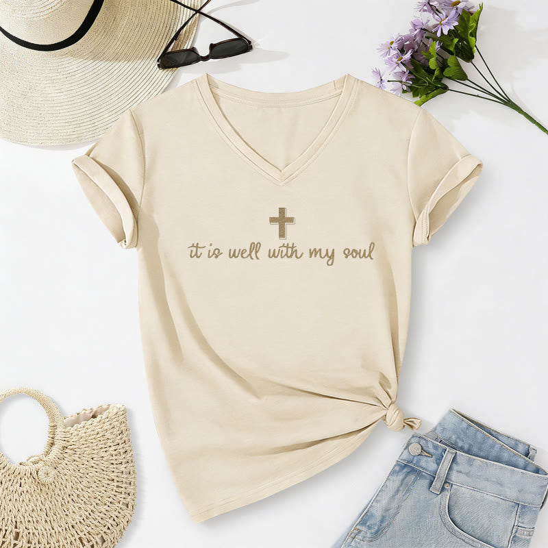 Christianartworkshop T-shirt décontracté à col en V avec inscription en croix « Tout va bien pour mon âme » - Beige - 2XL - image 4