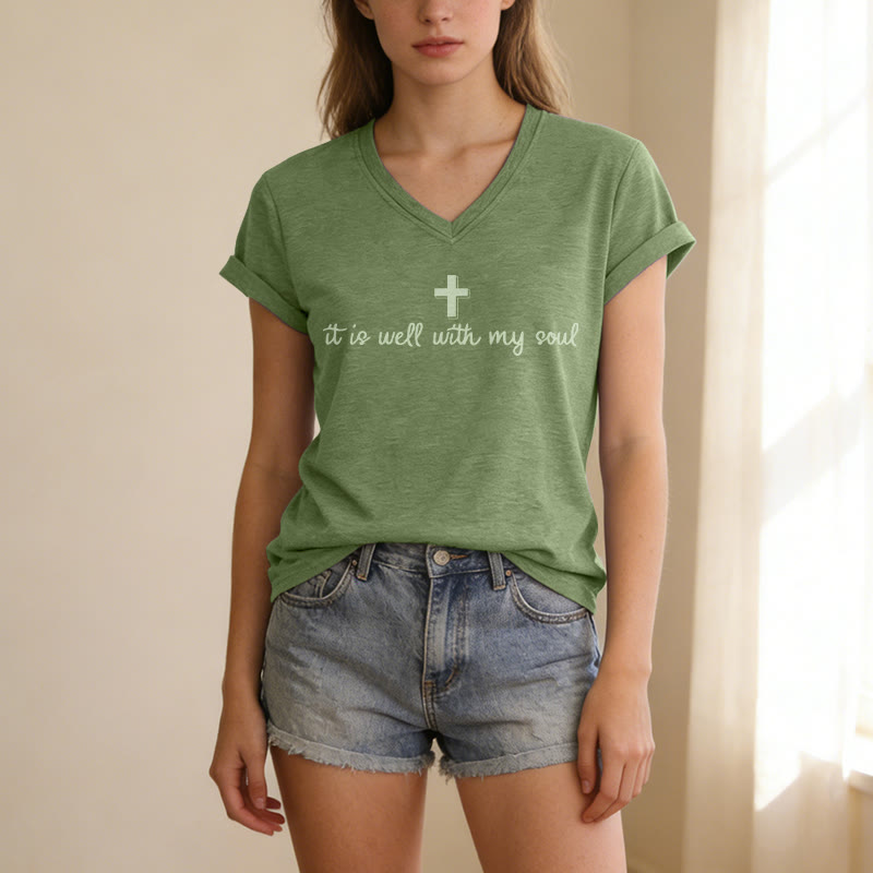 Christianartworkshop T-shirt décontracté à col en V avec inscription en croix « Tout va bien pour mon âme » - image 13