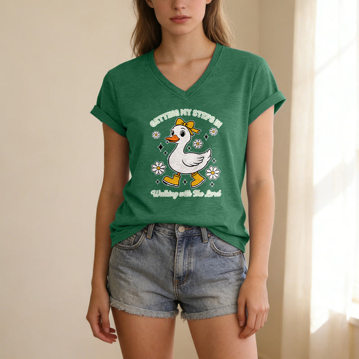 Christianartworkshop T-shirt décontracté à col en V avec motif canard et Daisy, idéal pour faire mes pas en marchant avec le Seigneur - image 21