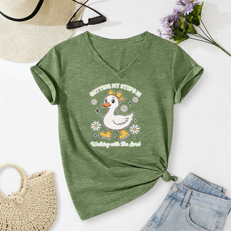 Christianartworkshop T-shirt décontracté à col en V avec motif canard et Daisy, idéal pour faire mes pas en marchant avec le Seigneur - Vert olive - 2XL - image 14