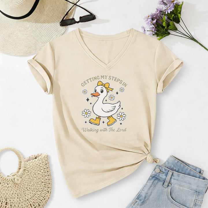Christianartworkshop T-shirt décontracté à col en V avec motif canard et Daisy, idéal pour faire mes pas en marchant avec le Seigneur - Beige - 2XL - image 6