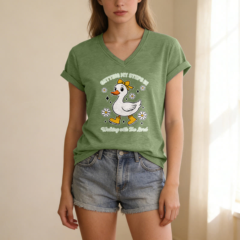 Christianartworkshop T-shirt décontracté à col en V avec motif canard et Daisy, idéal pour faire mes pas en marchant avec le Seigneur - image 15