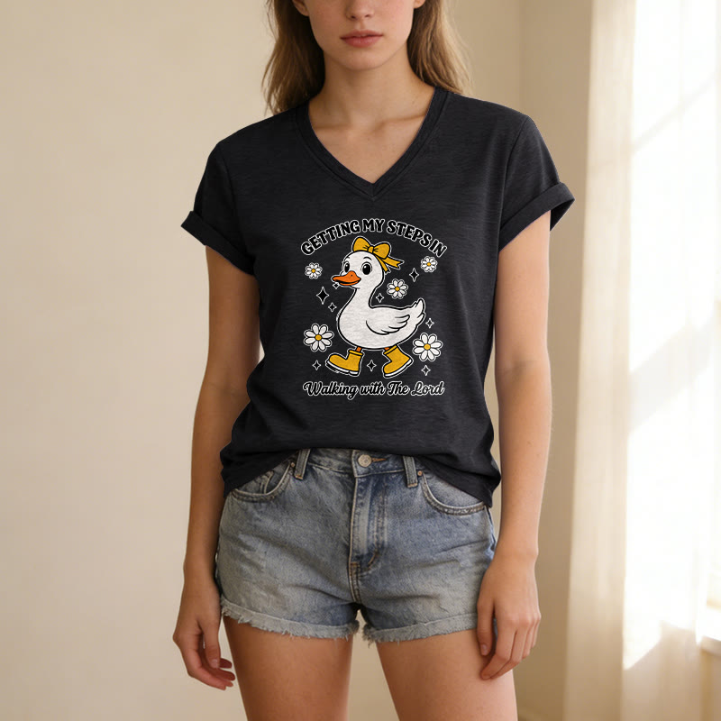 Christianartworkshop T-shirt décontracté à col en V avec motif canard et Daisy, idéal pour faire mes pas en marchant avec le Seigneur - image 11