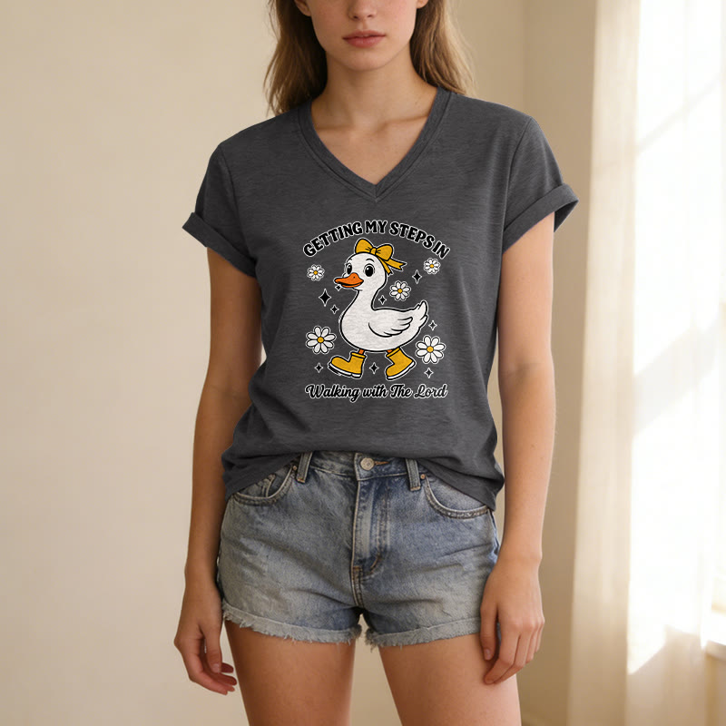 Christianartworkshop T-shirt décontracté à col en V avec motif canard et Daisy, idéal pour faire mes pas en marchant avec le Seigneur - image 5