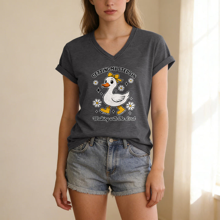 Christianartworkshop T-shirt décontracté à col en V avec motif canard et Daisy, idéal pour faire mes pas en marchant avec le Seigneur - image 5