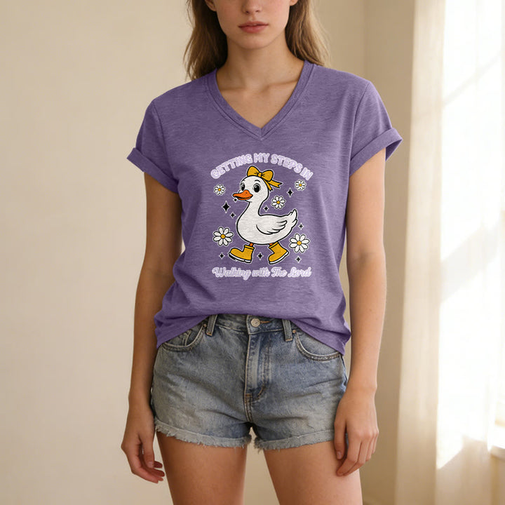 Christianartworkshop T-shirt décontracté à col en V avec motif canard et Daisy, idéal pour faire mes pas en marchant avec le Seigneur - image 1