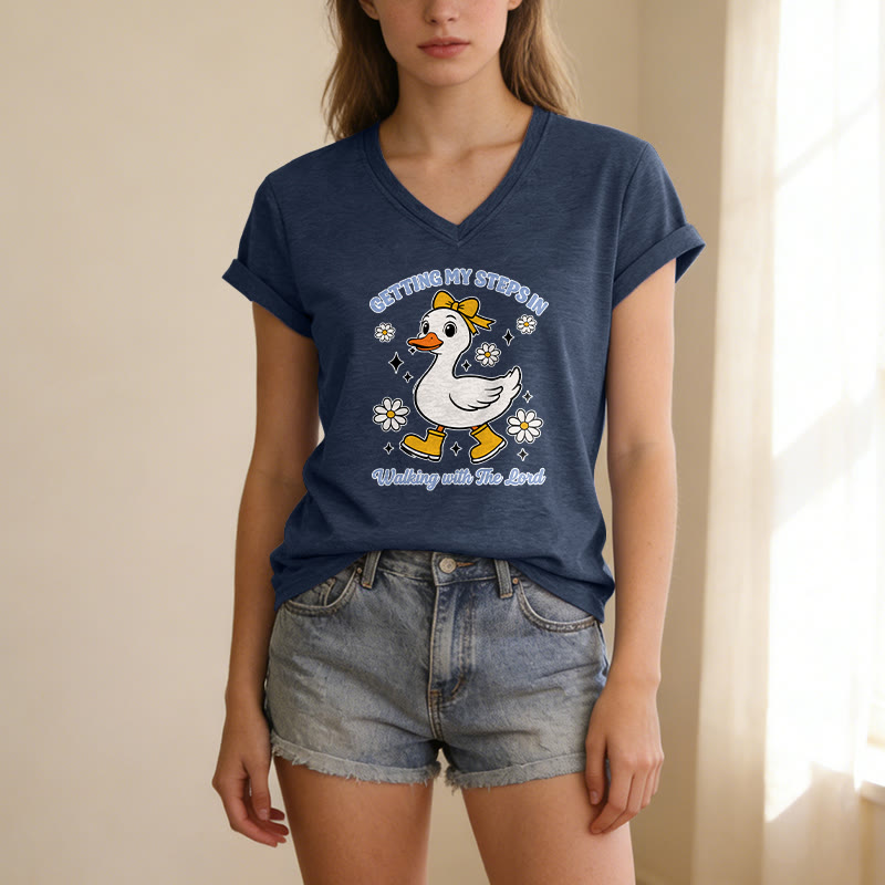 Christianartworkshop T-shirt décontracté à col en V avec motif canard et Daisy, idéal pour faire mes pas en marchant avec le Seigneur - image 3