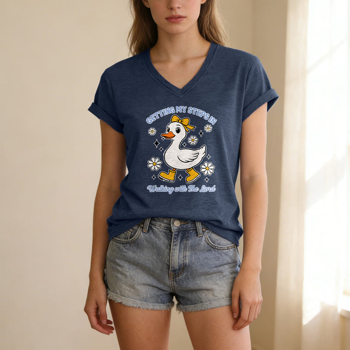 Christianartworkshop T-shirt décontracté à col en V avec motif canard et Daisy, idéal pour faire mes pas en marchant avec le Seigneur - image 3